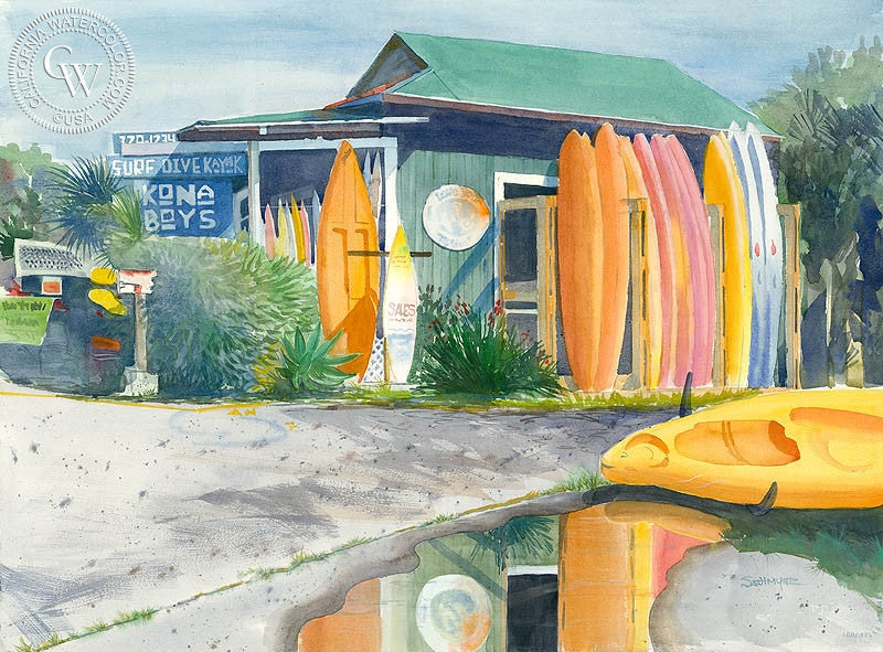 Kona Boys, watercolor painting by Steve Santmyer  (American art). Fine art giclée print reproduction by California Watercolor for wall decor.