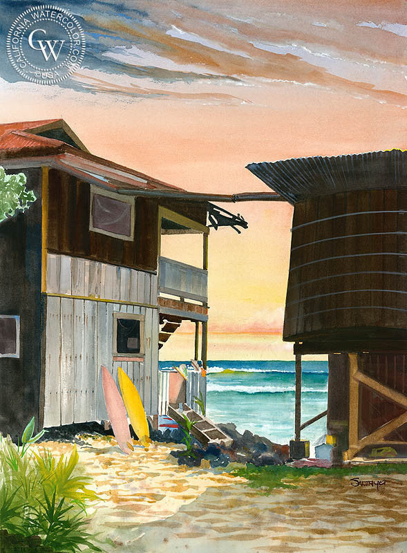 Kona, Hawaii, watercolor painting by Steve Santmyer  (American art). Fine art giclée print reproduction by California Watercolor for wall decor.