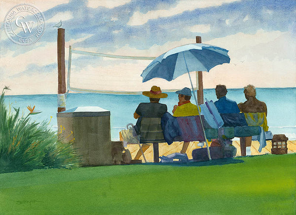 Main Beach Volleyball, Laguna, California watercolor art by Steve Santmyer. HD giclee art prints for sale at CaliforniaWatercolor.com - original California paintings, & premium giclee prints for sale