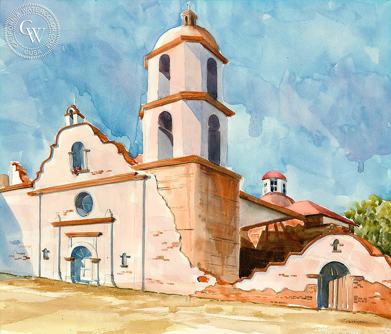 Mission San Luis Rey, watercolor painting by Steve Santmyer  (American art). Fine art giclée print reproduction by California Watercolor for wall decor.