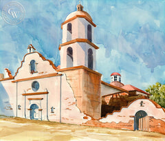 Mission San Luis Rey, California art by Steve Santmyer. HD giclee art prints for sale at CaliforniaWatercolor.com - original California paintings, & premium giclee prints for sale
