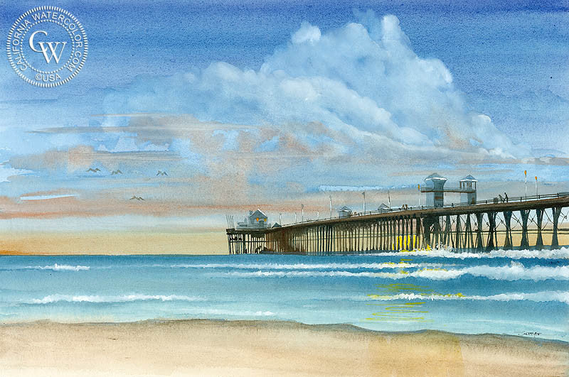 Oceanside Pier, watercolor painting by Steve Santmyer  (American art). Fine art giclée print reproduction by California Watercolor for wall decor.