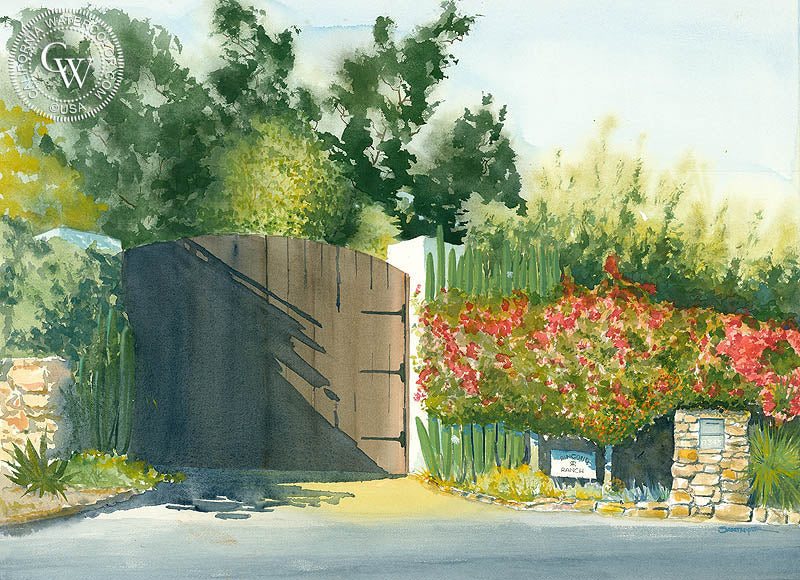Pauma Valley Gate, watercolor painting by Steve Santmyer  (American art). Fine art giclée print reproduction by California Watercolor for wall decor.