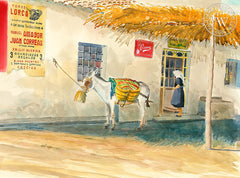 Public Parking, by Steve Santmyer. An original California watercolor on paper featuring an old store front in Mexico.  This painting is available as a fine art giclée printed in high-definition on premium watercolor paper. - Californiawatercolor.com
