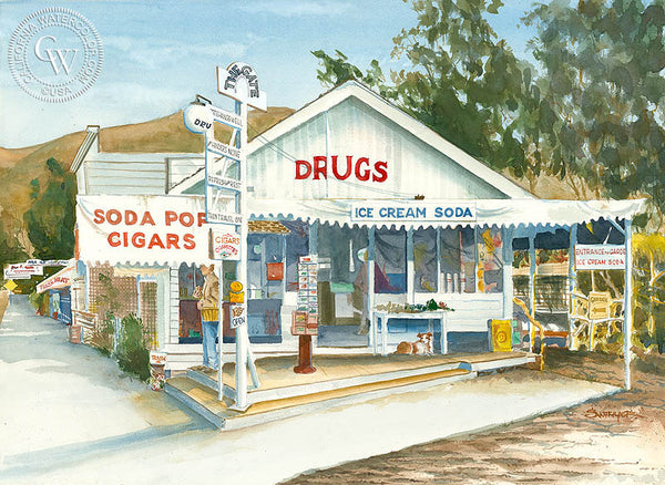 Rankens Drug Store, Laguna Beach, California watercolor art by Steve Santmyer. HD giclee art prints for sale at CaliforniaWatercolor.com - original California paintings, & premium giclee prints for sale