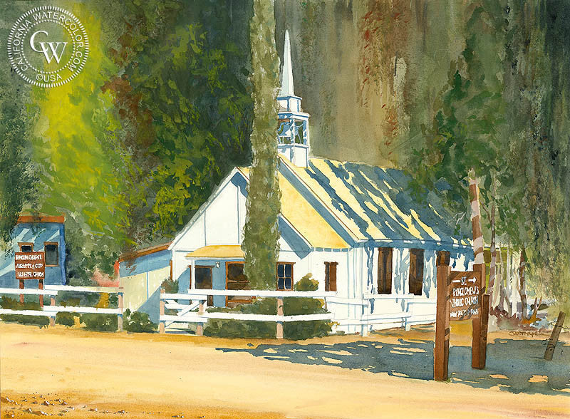 Rincon Chapel, watercolor painting by Steve Santmyer  (American art). Fine art giclée print reproduction by California Watercolor for wall decor.