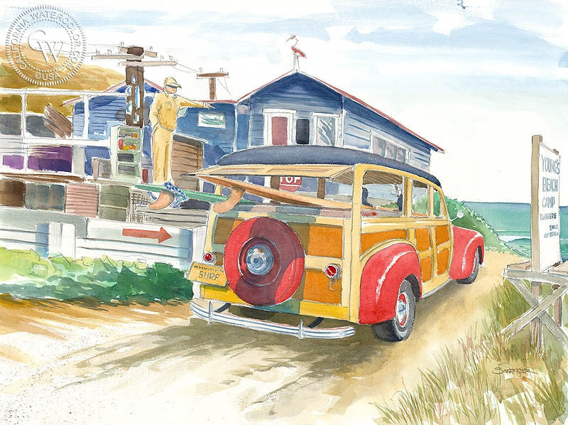 Salt Creek Surfer, watercolor painting by Steve Santmyer  (American art). Fine art giclée print reproduction by California Watercolor for wall decor.
