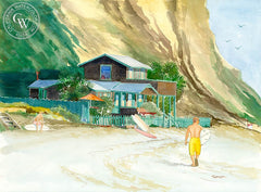 Surfers at Crystal Cove, California art by Steve Santmyer. HD giclee art prints for sale at CaliforniaWatercolor.com - original California paintings, & premium giclee prints for sale