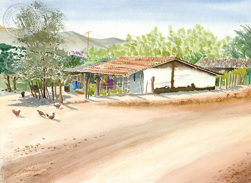 The Road Into Saladita, Gro, Mexico, watercolor painting by Steve Santmyer  (American art). Fine art giclée print reproduction by California Watercolor for wall decor.