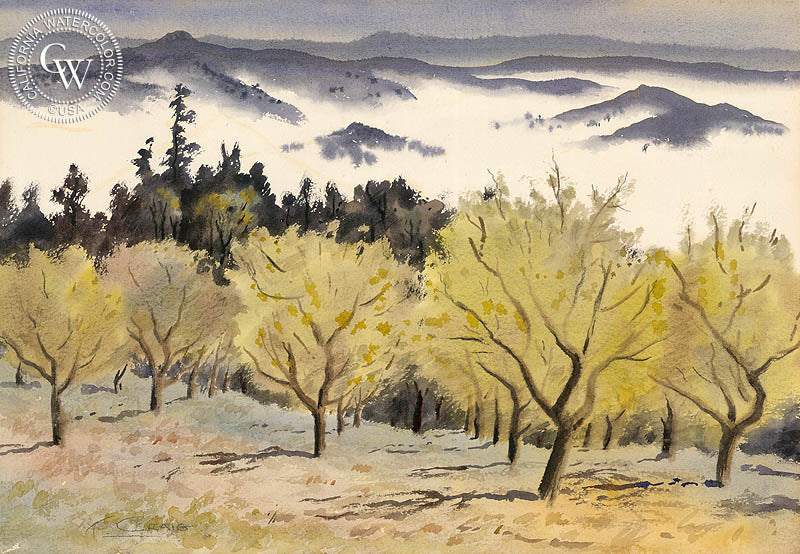 Looking Into Pope Valley, c. 1938, watercolor painting by Tom Craig  (American art). Fine art giclée print reproduction by California Watercolor for wall decor.