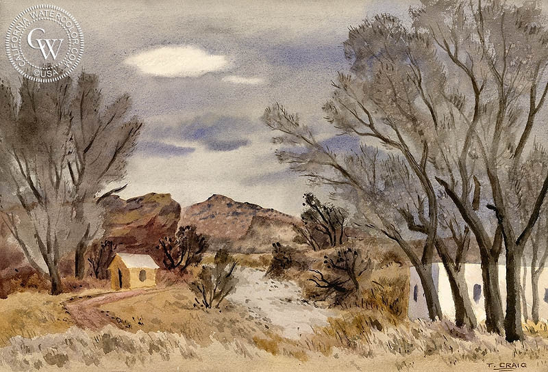 El Rancho Grande, watercolor painting by Tom Craig  (American art). Fine art giclée print reproduction by California Watercolor for wall decor.