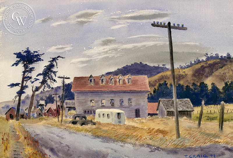 Farm Town, 1941, watercolor painting by Tom Craig  (American art). Fine art giclée print reproduction by California Watercolor for wall decor.