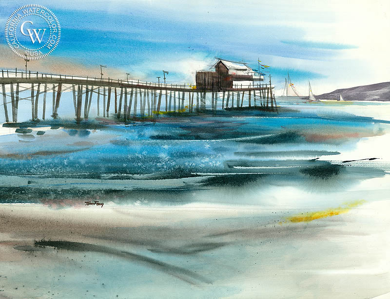 Beachside Pier, watercolor painting by Tom Fong  (American art). Fine art giclée print reproduction by California Watercolor for wall decor.