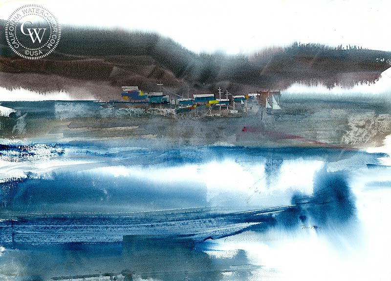 Coastal Docks, watercolor painting by Tom Fong  (American art). Fine art giclée print reproduction by California Watercolor for wall decor.