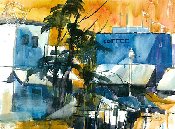 Coffee Shop, California watercolor art by Tom Fong. Original California watercolor painting for sale, fine art giclee print for sale, California cityscape art, CaliforniaWatercolor.com