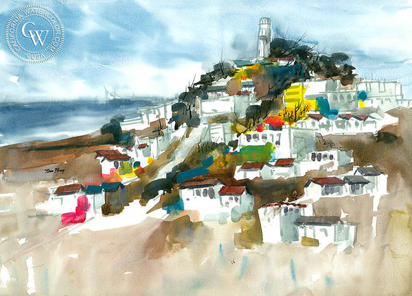 Coit Tower, San Francisco, California watercolor art by Tom Fong. Original California watercolor painting for sale, fine art giclee print for sale, fine art painting, watercolor art, Coit Tower artwork, San Francisco painting, Coit Tower fine art painting, CaliforniaWatercolor.com