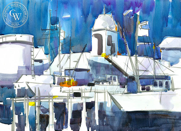 Dockside, California watercolor art by Tom Fong. Original California watercolor painting for sale, fine art giclee print for sale, coastal painting, beach and coastal watercolor painting, California wharf painting, CaliforniaWatercolor.com