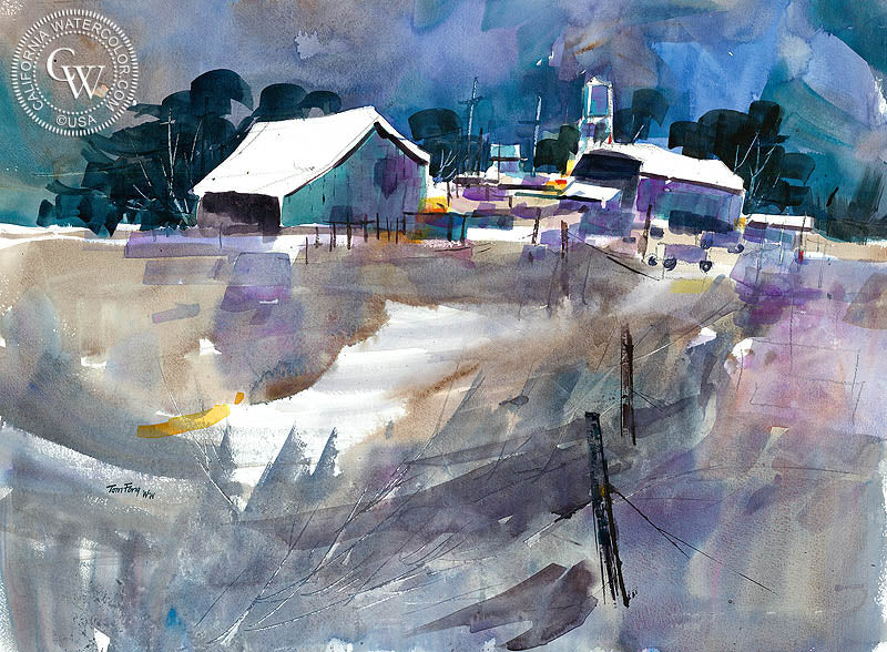 Farm Country, watercolor painting by Tom Fong  (American art). Fine art giclée print reproduction by California Watercolor for wall decor.