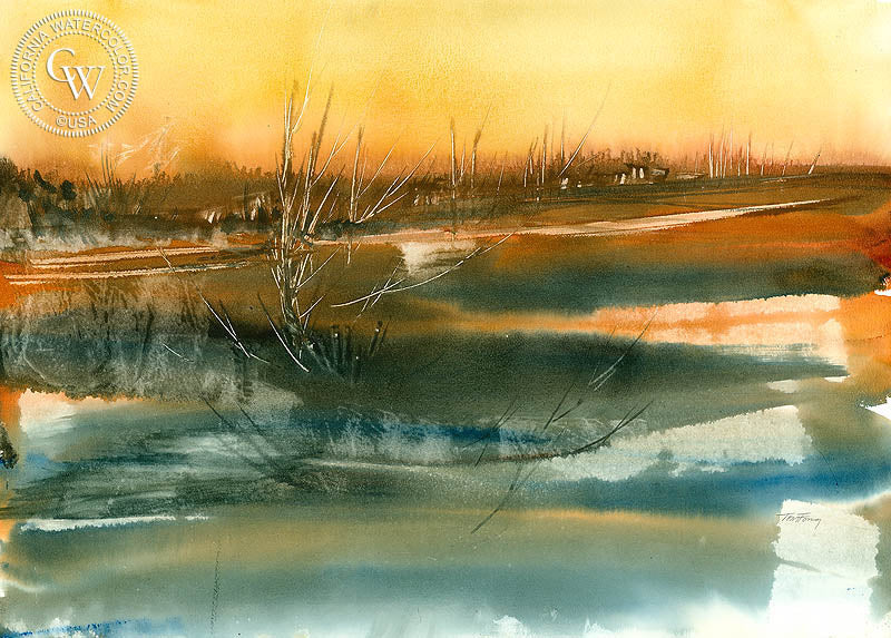 Lakeside, watercolor painting by Tom Fong  (American art). Fine art giclée print reproduction by California Watercolor for wall decor.