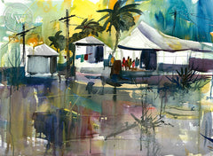 Laundry Day, California watercolor art by Tom Fong. Original California watercolor painting for sale, fine art giclee print for sale, coastal painting, beach and coastal watercolor painting, CaliforniaWatercolor.com