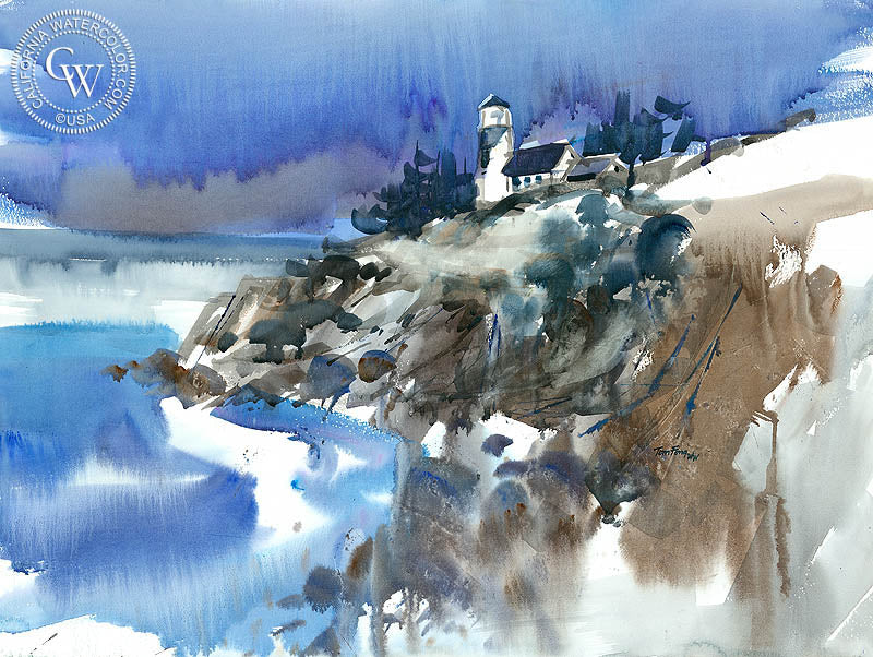 The Lighthouse, watercolor painting by Tom Fong  (American art). Fine art giclée print reproduction by California Watercolor for wall decor.