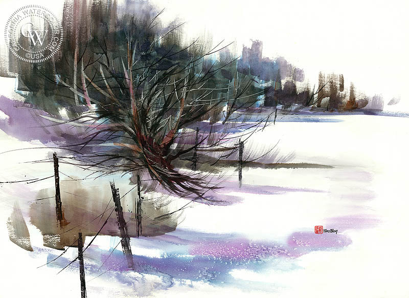 Winter Landscape, watercolor painting by Tom Fong  (American art). Fine art giclée print reproduction by California Watercolor for wall decor.