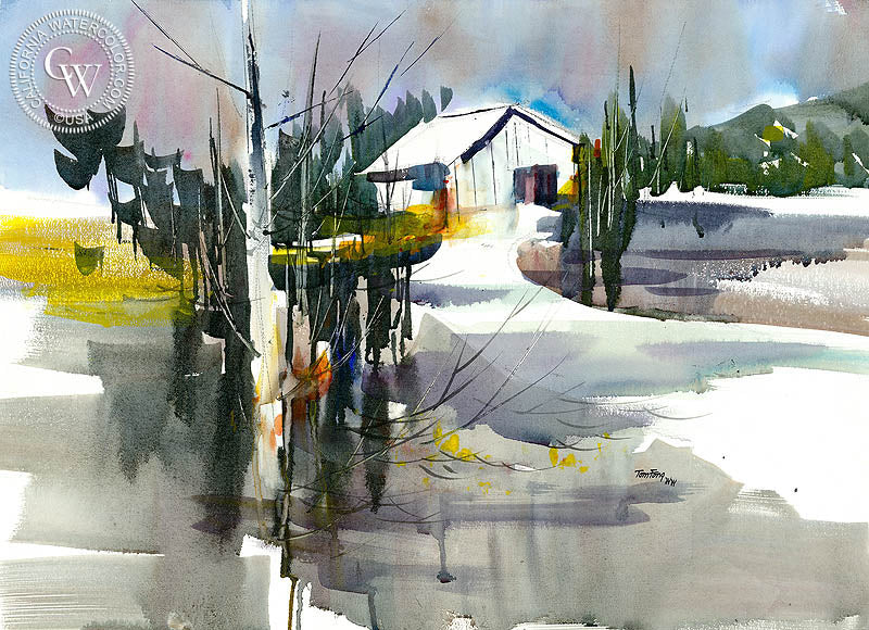 Yosemite Barn, watercolor painting by Tom Fong  (American art). Fine art giclée print reproduction by California Watercolor for wall decor.