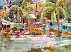 Tahiti Lagoon, watercolor art by Tom Hill. Original California watercolor painting for sale, Tahitian women, Tahiti landscape art, Tahiti Beach Scene, Tahiti painting for sale, CaliforniaWatercolor.com
