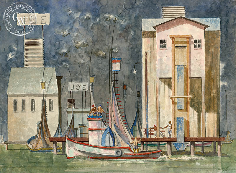 Back Bay Fishery, Newport Beach, 1953, watercolor painting by Tom Van Sant  (American art). Fine art giclée print reproduction by California Watercolor for wall decor.