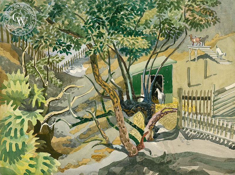 Backyard Pets at Play, watercolor painting by Tom Van Sant  (American art). Fine art giclée print reproduction by California Watercolor for wall decor.