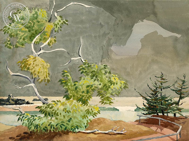 Brewing Storm, Mexico, 1955, watercolor painting by Tom Van Sant  (American art). Fine art giclée print reproduction by California Watercolor for wall decor.