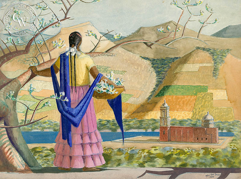 Flowers for an Offering, 1953, watercolor painting by Tom Van Sant  (American art). Fine art giclée print reproduction by California Watercolor for wall decor.