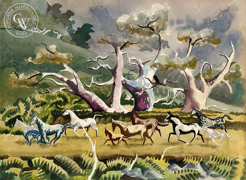Horses at Play, watercolor painting by Tom Van Sant  (American art). Fine art giclée print reproduction by California Watercolor for wall decor.