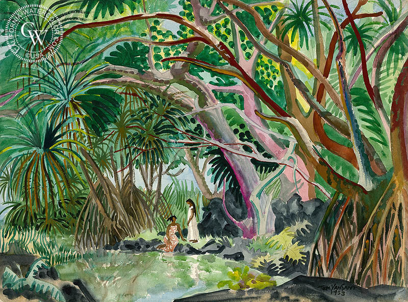 Island Ladies, 1953, watercolor painting by Tom Van Sant  (American art). Fine art giclée print reproduction by California Watercolor for wall decor.