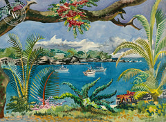 Keauhou Bay, Kona, Hawaii, 1952, California art by Tom Van Sant. HD giclee art prints for sale at CaliforniaWatercolor.com - original California paintings, & premium giclee prints for sale