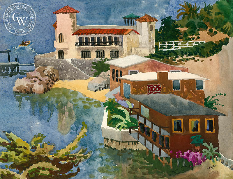 Laguna Beach Front, 1955, watercolor painting by Tom Van Sant  (American art). Fine art giclée print reproduction by California Watercolor for wall decor.