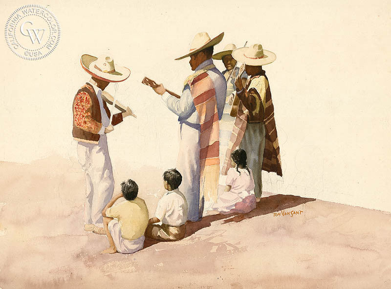 Mariachi Singers and Kids art by Tom Van Sant California Watercolor