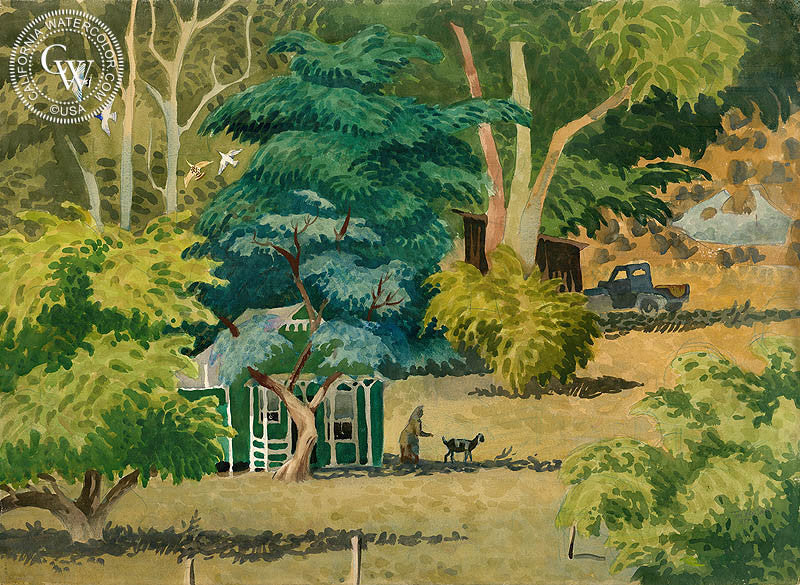 Mexican Jungle Home, 1955, watercolor painting by Tom Van Sant  (American art). Fine art giclée print reproduction by California Watercolor for wall decor.