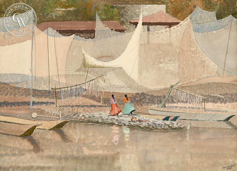 Nets of Janitzio, Lake Patzcuaro, Mexico, 1953, watercolor painting by Tom Van Sant  (American art). Fine art giclée print reproduction by California Watercolor for wall decor.