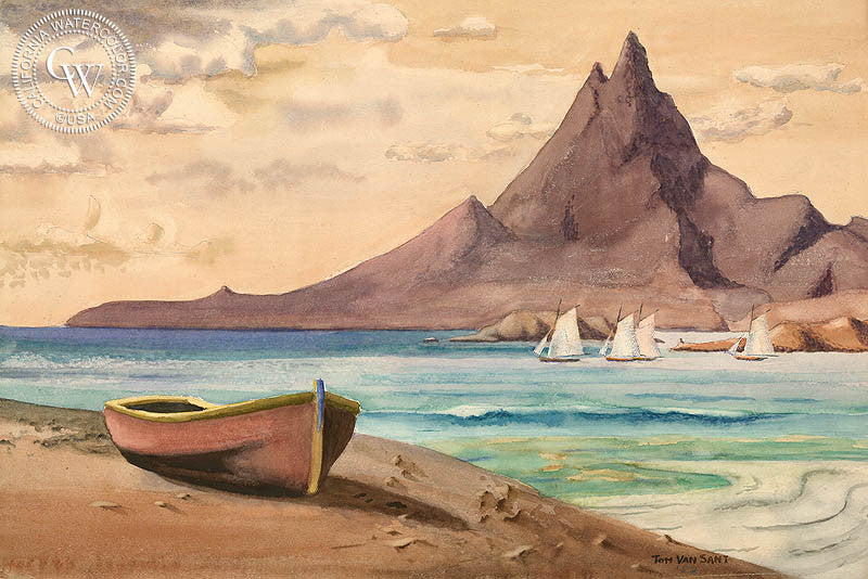 North of Cabo, Baja Peninsula, 1952, watercolor painting by Tom Van Sant  (American art). Fine art giclée print reproduction by California Watercolor for wall decor.