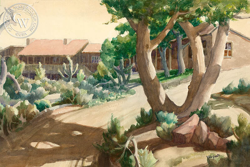 Ranch House Afternoon, watercolor painting by Tom Van Sant  (American art). Fine art giclée print reproduction by California Watercolor for wall decor.