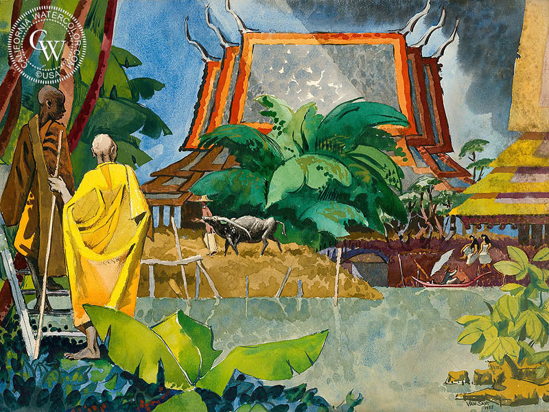 Thailand Temple, 1955, watercolor painting by Tom Van Sant  (American art). Fine art giclée print reproduction by California Watercolor for wall decor.