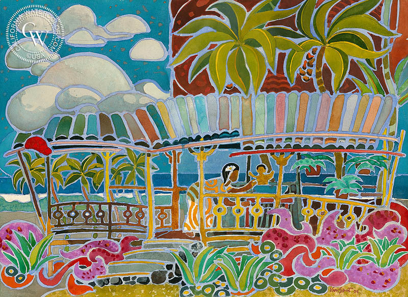 Tropical Mood, 1953, watercolor painting by Tom Van Sant  (American art). Fine art giclée print reproduction by California Watercolor for wall decor.