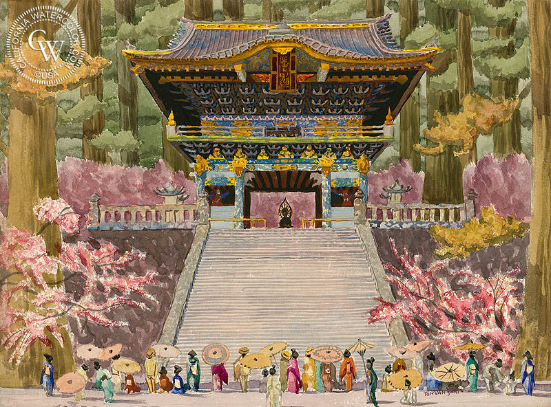 Vietnamese Temple, watercolor painting by Tom Van Sant  (American art). Fine art giclée print reproduction by California Watercolor for wall decor.