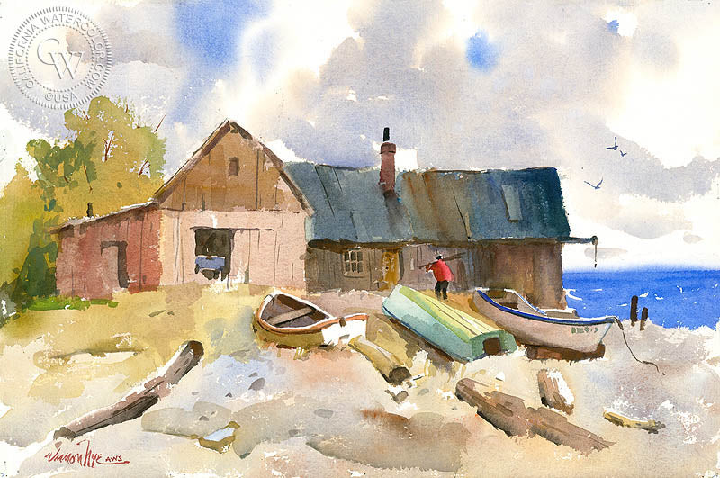The Boat House, Mendocino, watercolor painting by Vernon Nye  (American art). Fine art giclée print reproduction by California Watercolor for wall decor.