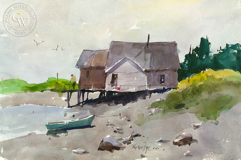 The Little Alaskan Outpost, Prince of Wales Island, watercolor painting by Vernon Nye  (American art). Fine art giclée print reproduction by California Watercolor for wall decor.