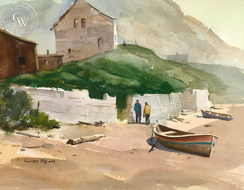Sea Wall Along the Oregon Coast, watercolor painting by Vernon Nye  (American art). Fine art giclée print reproduction by California Watercolor for wall decor.