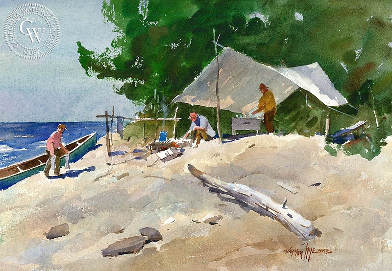 A Good Fish Supper, watercolor painting by Vernon Nye  (American art). Fine art giclée print reproduction by California Watercolor for wall decor.