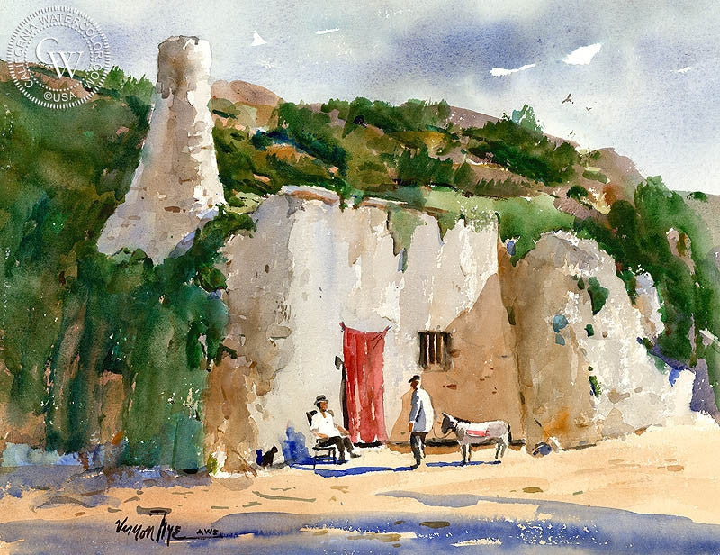 Cliffside Conversation, watercolor painting by Vernon Nye  (American art). Fine art giclée print reproduction by California Watercolor for wall decor.