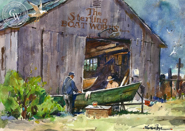 The Sterling Boat Works, California art by Vernon Nye. HD giclee art prints for sale at CaliforniaWatercolor.com - original California paintings, & premium giclee prints for sale